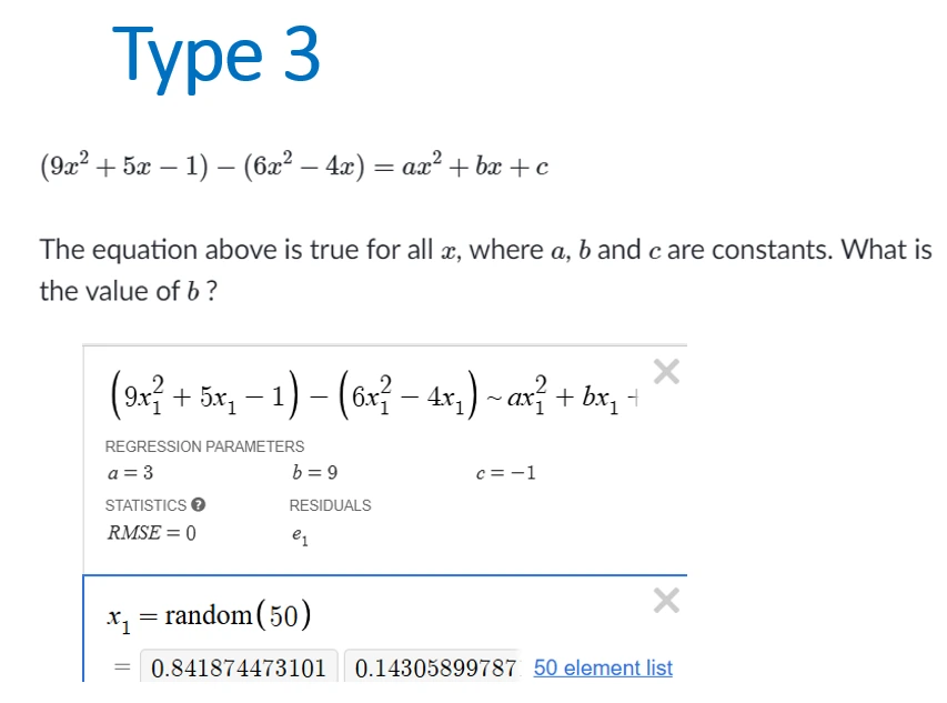SAT Math identity equations verified using Desmos regression
