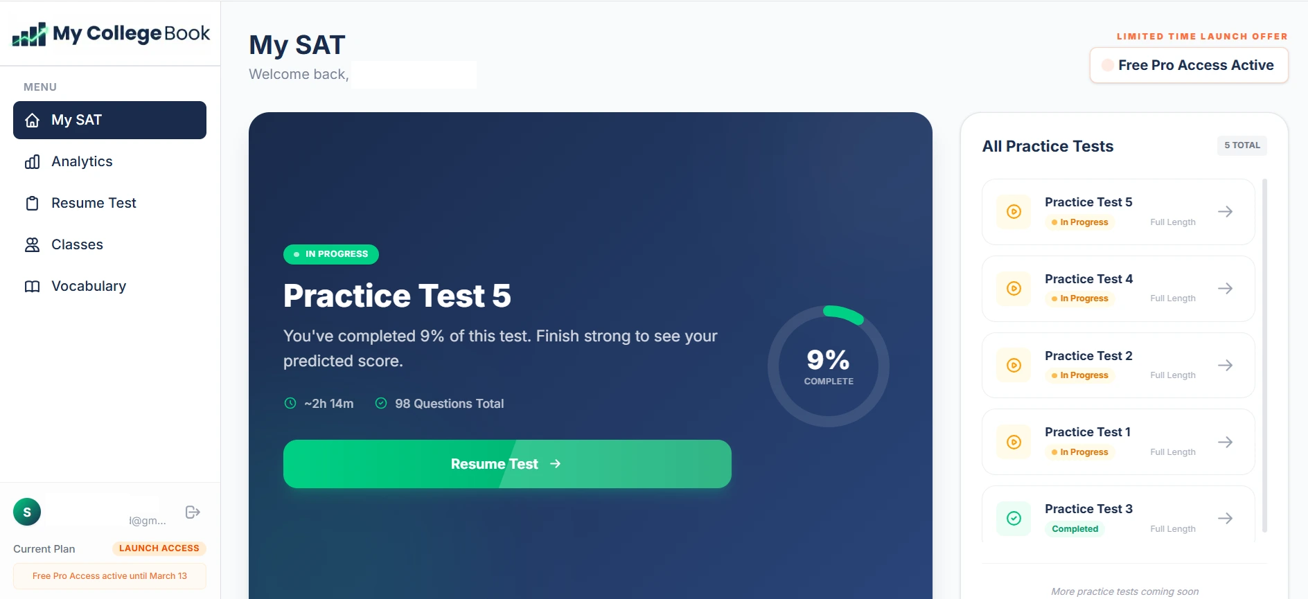 MyCollegeBook SAT Practice Test Dashboard