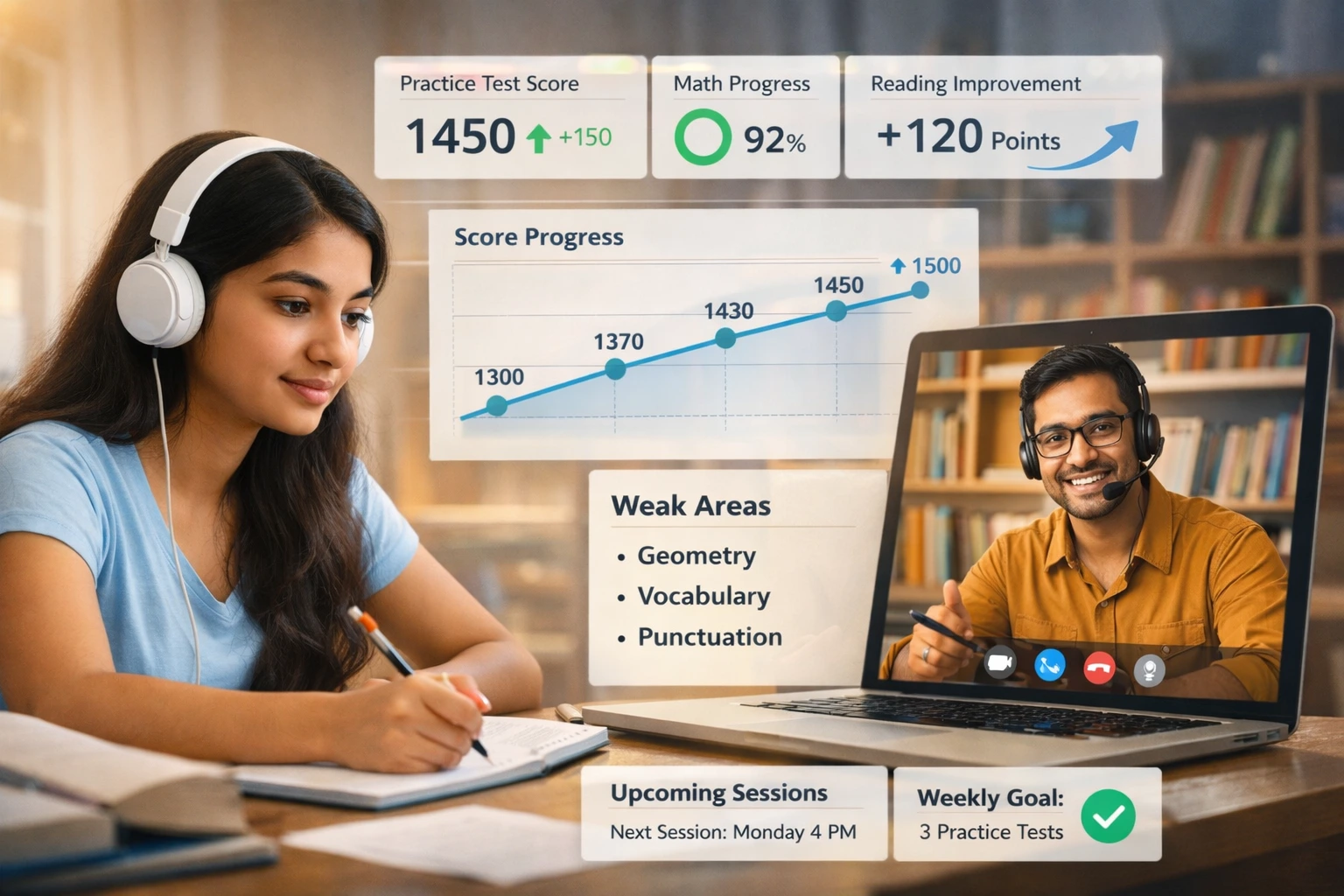 Student in a live SAT online coaching session with performance tracking dashboard