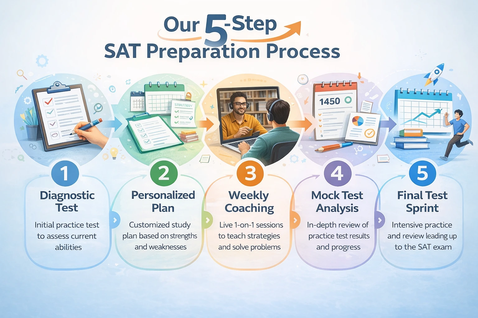 Five-step digital SAT online coaching process from diagnostic to test readiness