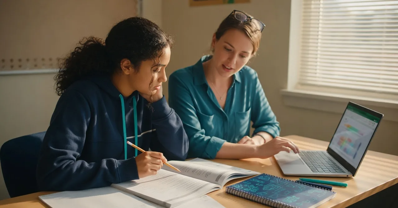 Tutor and student working through an SAT practice booklet