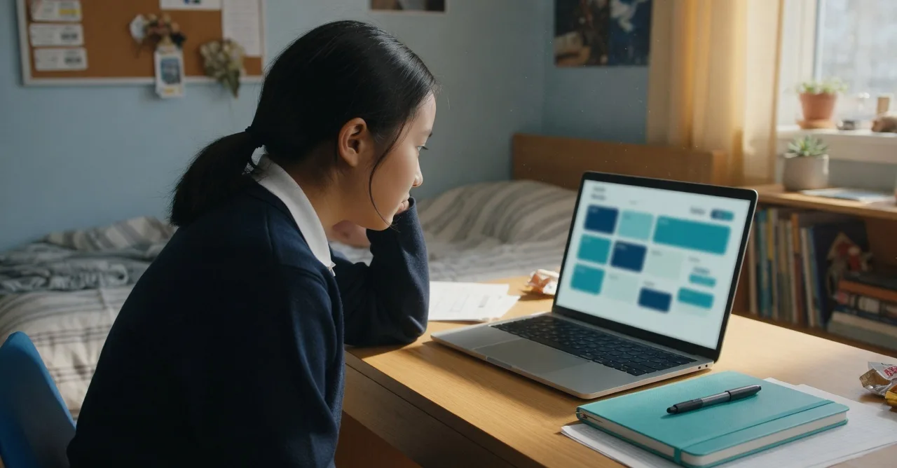 Student reviewing an SAT score report on a laptop