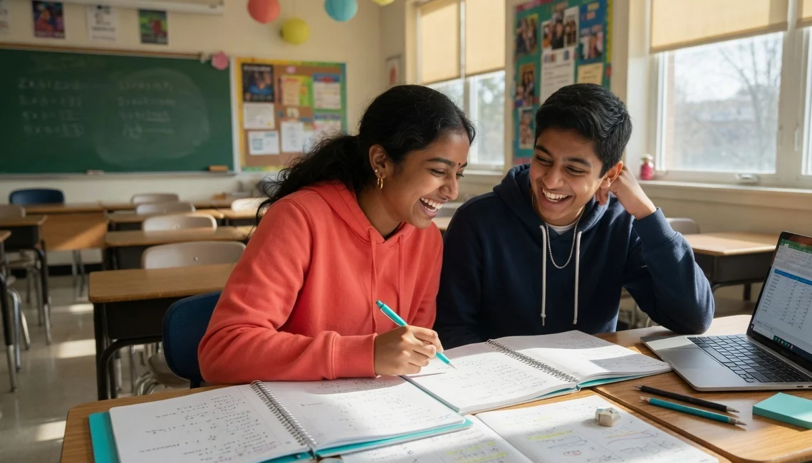 Two students reviewing SAT notes and a laptop in a sunlit classroom
