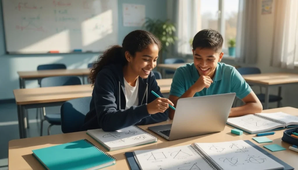 Two students reviewing SAT math diagrams and a laptop in a sunlit classroom